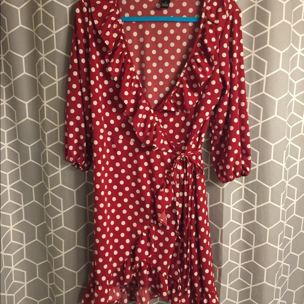 Dark red polka dot ruffle wrap dress